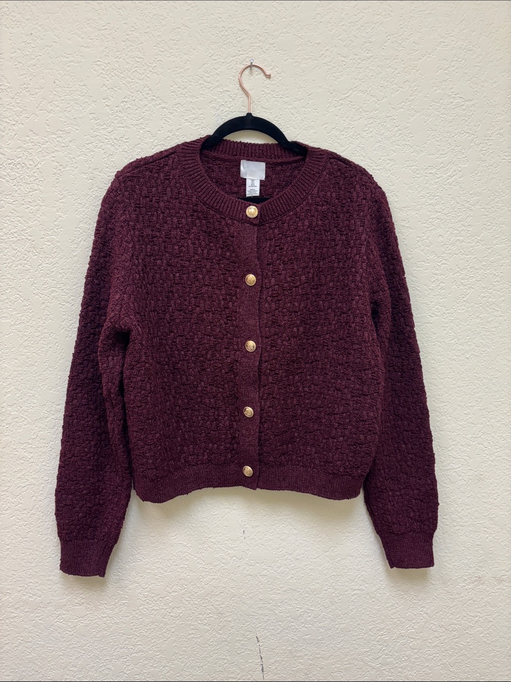 H&M Burgundy Textured Knit Cardigan with Gold Buttons